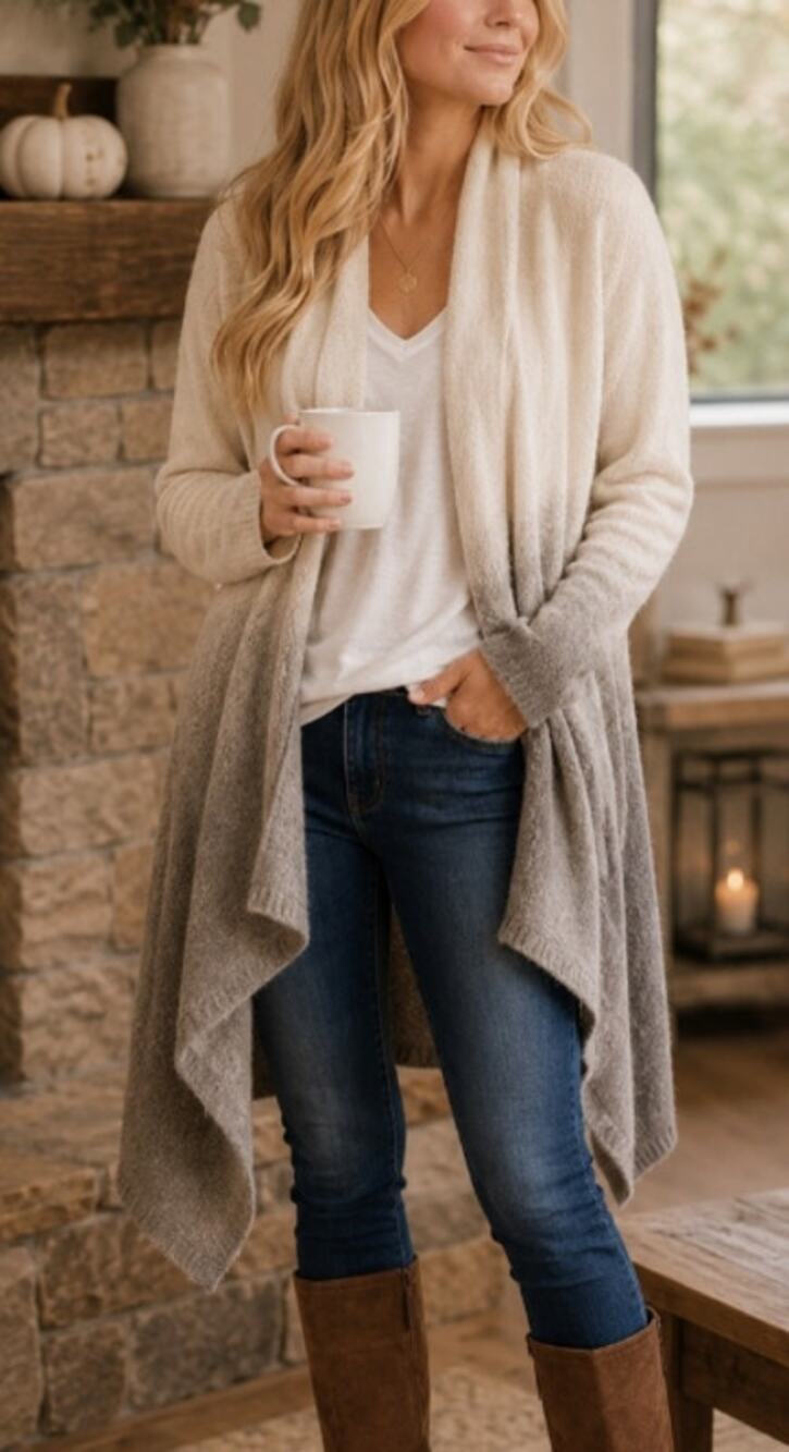 Barefoot Dreams CozyChic Ombré Calypso Wrap Cardigan cream-to-gray drape S/M